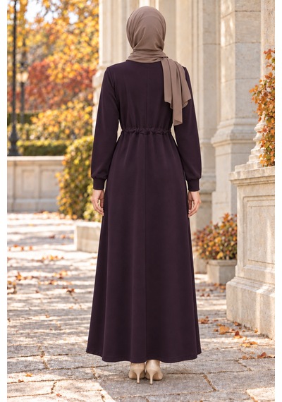 Sevitli Beli Tünelli İki İplik Elbise-mürdüm-6005