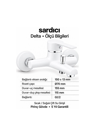 Sardıcı Delta Beyaz Pirinç Banyo Bataryası Dirsek Rozet Dahil