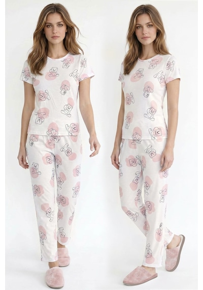 Kompedan Kadın Bisiklet Yaka Yumuşak Dokulu Büyük Ayıcık Desenli Kısa Kol Pijama Takım Ekru 70132-3293