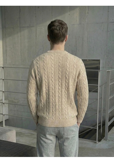 Erkek Bej Bisiklet Yaka Slim Fit Saç Örgülü Triko Kazak Bej