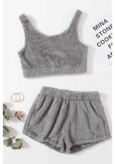 Merry See Kolsuz Askılı Peluş Polar Alt Üst Şortlu Pijama Takımı 001