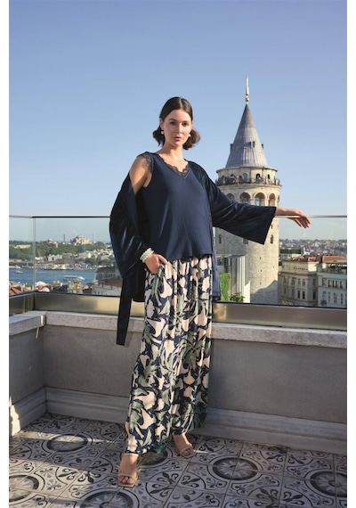 İkikareshop Yaprak Desenli Ve Dantelli 3lü Pijama Takımı Çok Renkli
