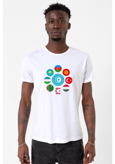 Türk Devletleri Teşkilat Beyaz Erkek Bisikletyaka Tshirt Çok Renkli