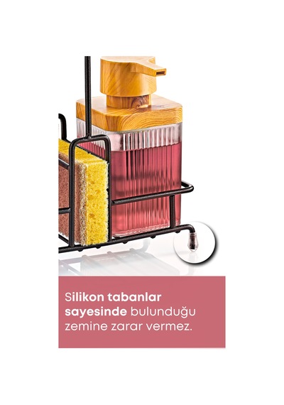 Grimorlife Mimoza Metal Standlı Ahşap Detaylı Bulaşık Deterjanı Ve Sıvı Sabunluk Mutfak Seti-süngerli- Şeffaf Şeffaf