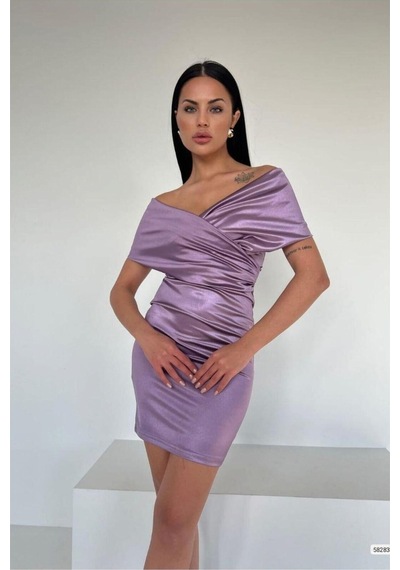 Store Saten Yaka Mini Madonna Elbise Kumaş Mor - 935895068 Mor