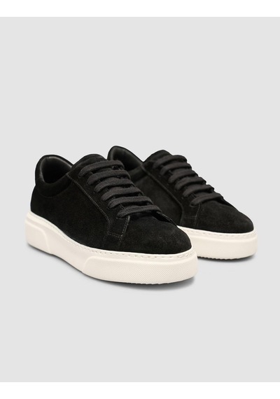%100 Hakiki Süet Siyah Kürk Astarlı Bağcıklı Sneaker Ayakkabı Siyah
