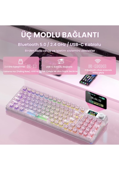 Aula F98 Pro V3 Oled Ekranlı Crystal Switch Makrolu Kablosuz Rgb Hot-swap Gasket Pre-lubed Switch Mekanik Klavye Şeffaf Pembe