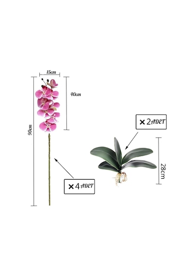 4lü Set Yapay Çiçek Pembe Açık Islak Orkide Ve 2 Adet Orkide Yaprağı Gerçeksi Doku Uzun Dal 90cm