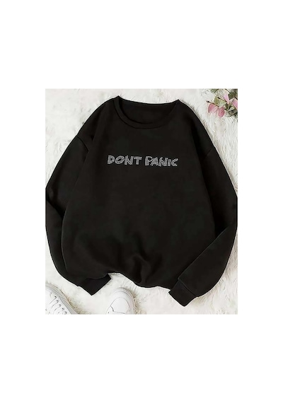 Medinenur Dont Panic Taşlı 2 İplik Şardonlu Bisiklet Yaka Sweatshirt Siyah