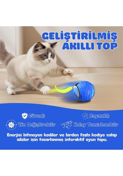 Akıllı Kedi Oyun Topu - Otomatik Yuvarlanan İnteraktif Kedi Oyuncağı - Şarj Edilebilir Evcil Hayvan Oyun Arkadaşı - Farklı Hız Ve Oyun Modları - Led Işıklı - Tüylü Kovalama Kuyruğu Mavi