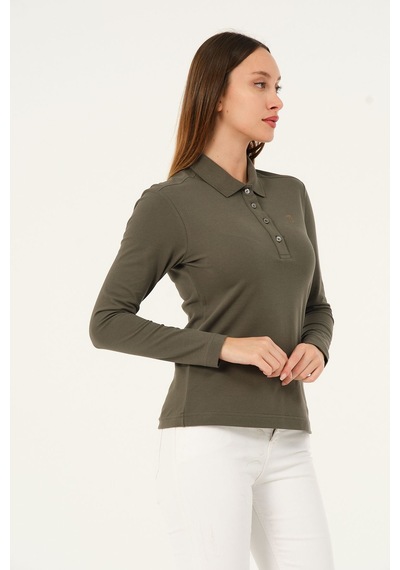 Msw Kadın Uzun Kollu Regular Fit Polo Yaka T-shirt Haki