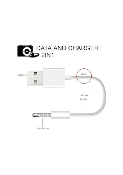Coverzone İpod Shuffle İle Uyumlu Ent - Usb Şarj Ve Veri Aktarım Kablosu, 3.5 Mm Jack - Usb A Senkronizasyon Kablosu, Şarj Data Bağlantı Kablosu Beyaz