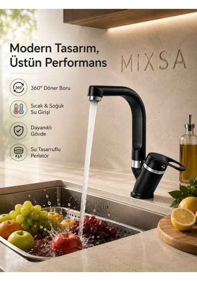 Lüx Siyah Krom Premium Çift Su Girişli Mutfak Bataryası Şık Tasarım Batarya