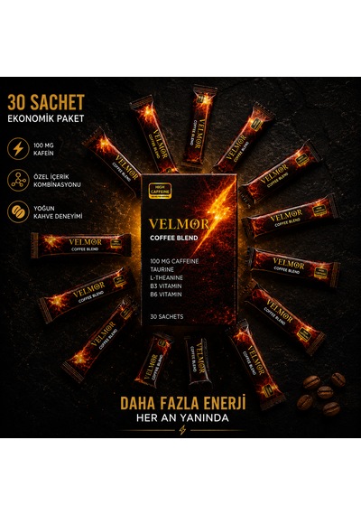 Velmor Coffee Blend Yüksek Kafeinli Kahve Karışımı Taurine, L-theanine Ve Vitamin Destekli 30 Sachet Granül