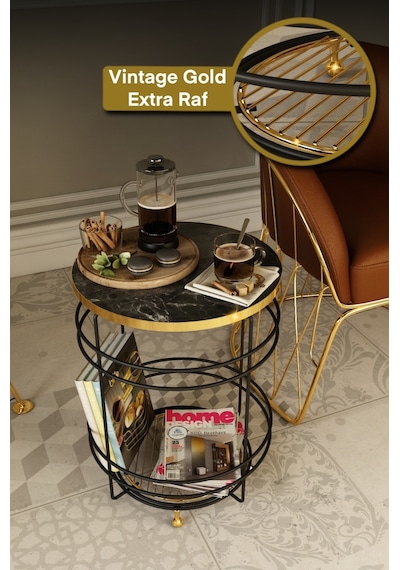 Bino Sehpa Avangart Gold Ayaklı Çelik Yan Orta Sehpa Gold Rafli Modern Metal Zigon Sehpa Çiçeklik