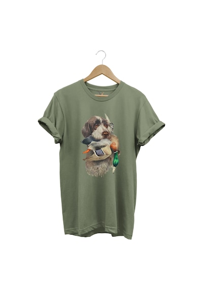 Avcılık Hunter Av Köpeği Ağzında Çulluk Kuşu Baskılı Çulluk Avı Regular Fit %100 Pamuk Haki T-shirt Haki