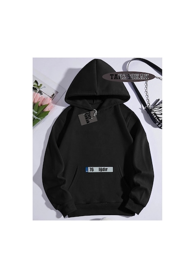 Tarzsokak Kapşonlu Sweatshirt Siyah 76 Iğdır Özel Tasarım Plaka Detaylı