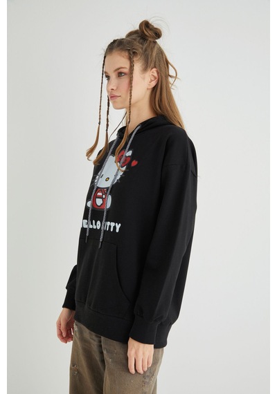 Hello Kitty Lisanslı Baskılı Kapüşonlu Oversize Fit Sweatshirt Renkli