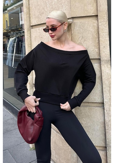 Madmext Siyah Kayık Yaka Kadın Sweatshirt Mg2239 Siyah