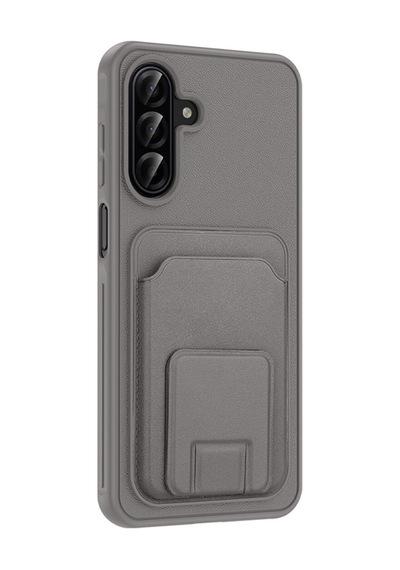 Samsung Galaxy A56 Uyumlu Kartlıklı Kılıf Gizli Kart Bölmeli, Stand Özellikli, Kamera Korumalı, Darbeye Dayanıklı, Deri Dokulu Telefon Kılıfı Gri
