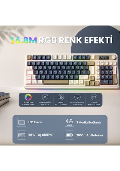 Aula S99 Pro Retro Rgb Gaming Bluetooth 2.4ghz Type-c 3 Mod Kablosuz Makrolu Türkçe Q Oyuncu Klavye Lacivert 77828984