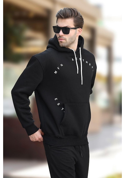 Madmext Siyah Kapüşonlu Cep Detaylı Nakışlı Erkek Sweatshirt 7054-siyah Siyah