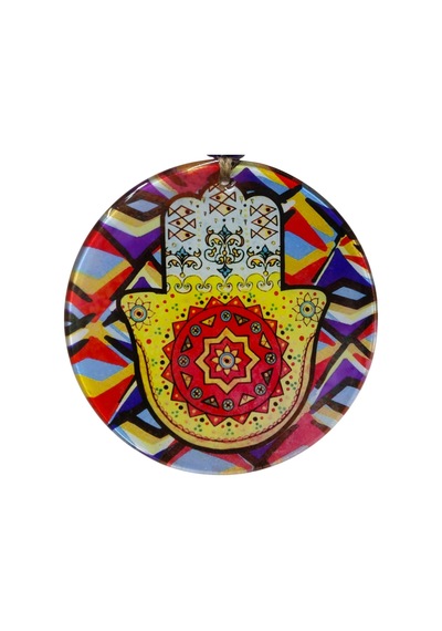 Renkli Geometrik Desenli Cam Hamsa Eli - Nazarlık Ev Hediyesi 16 Cm