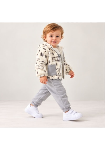 Maxx Kelın Erkek Bebek Welsoft Peluş Ceketli 3'lü Takım Gri Ekru Hayvan Desenli 2-3-4 Yaş