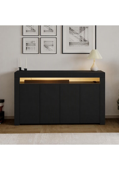 İnarch Dizayn Batı Led Işıklı Konsol Modern 4 Kapaklı Tv Konsolu - Tv Ünitesi Siyah