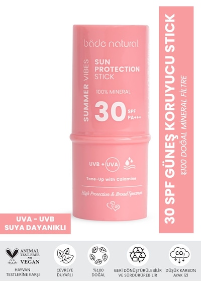 Bade Natural Pembe %100 Mineral Filtreli Ve Doğal Güneş Koruyucu Stick 30 Spf Kalaminli