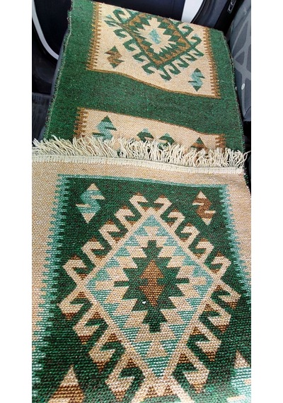 Reversible Oto Koltuk Kilim Seti 3 Parça Makine Dokuma Akrilik & Polyester Saçaklı - Yeşil