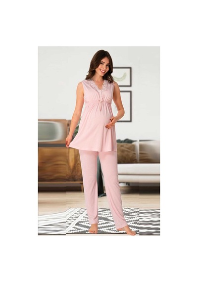 Effort Pijama Pembe Yakası Dantelli Lohusa Pijama Takımı 8032 Pembe
