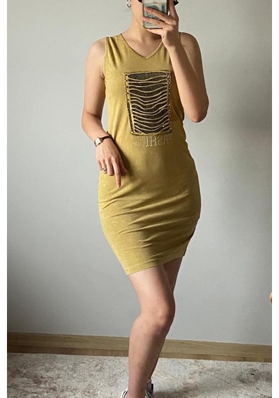 Mia Butik Kadın V Yaka Kare Pul Payetli Hardal Elbise-977 Hardal