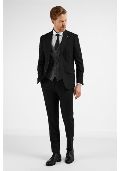 İmza Siyah Mono Yaka Kazayağı Desen 6 Drop Slim Fit Takım Elbise 1001255173 Siyah