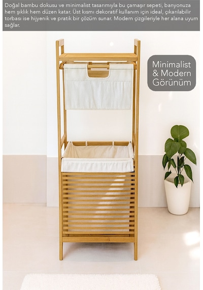 Çekmeceli Bambu Çamaşır Sepeti - Banyo Düzenleyici Organizer Raflı Natural Kirli Çamaşır Sepeti Bej