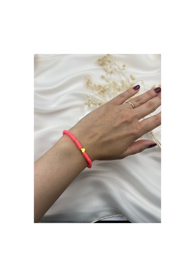 Lunarie Neon Pembe Polimer Kil Disk Boncuklu Gold Kalp Bileklik