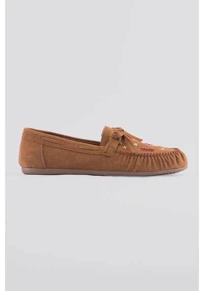 Kadın Süet Loafer Nakışlı Bağcıklı Ayakkabı Helia Taba Taba