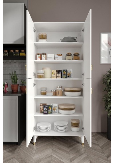 Simple Sp4190 Çok Amaçlı Dolap 4 Kapaklı Mutfak Dolabı Balkon Dolabı Kiler Banyo Dolabı Ayakkabılık Beyaz Gold