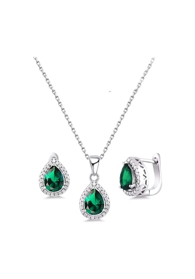 Brezza Lusso Jewelry Damla Model Zümrüt Yeşili Zirkon Taşlı Gümüş Kadın Kolye Küpe Set