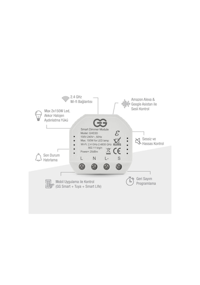 Günsan Akıllı Wifi Nötrlü Dimmer Röle 150w Işık Ayarlı Anahtar Modülü Tuya & Smart Life Uyumlu