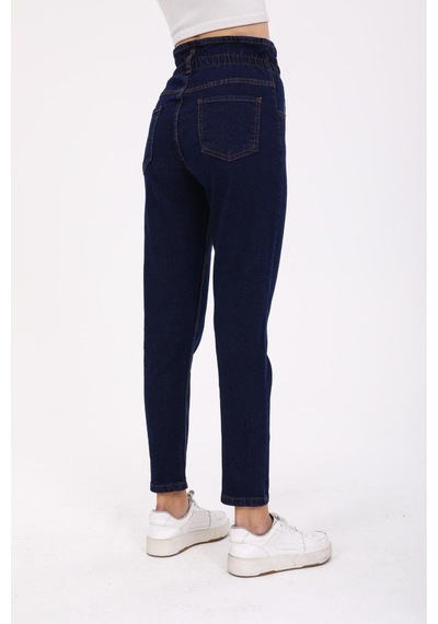 Kene Jeans Kadın Lacivert Patlet Düğmeli Kemer Büzgülü Mom Kot Pantolon Lacivert