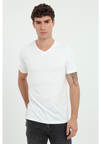Dufy Erkek Slim Fit V Yaka Beyaz T-shirt-25712