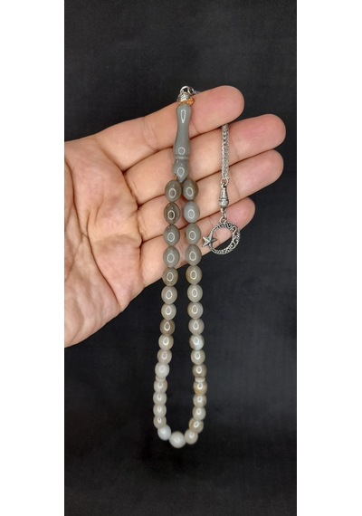 Anemore Collection Sıkma Kehribar Tesbih Gri Renk Beyzi Kesim T-426