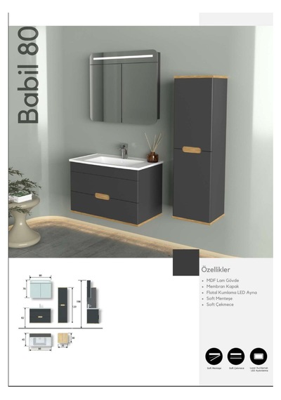 Evros Babil Banyo Dolabı 80 Cm Siyah Boy Dolabı Dahil Gri - Siyah