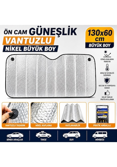 Oto Ön Cam Güneşlik 130x60 Cm Vantuzlu Nikel Araç Güneşliği