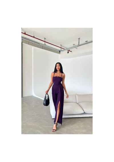 DefyModa Kadın Krep Kumaş Yırtmaçlı Askılı Tulum Mor
