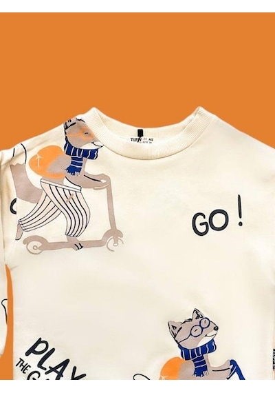 Zekids Erkek Çocuk Go Yazılı Sweatshirt-14665 Krem