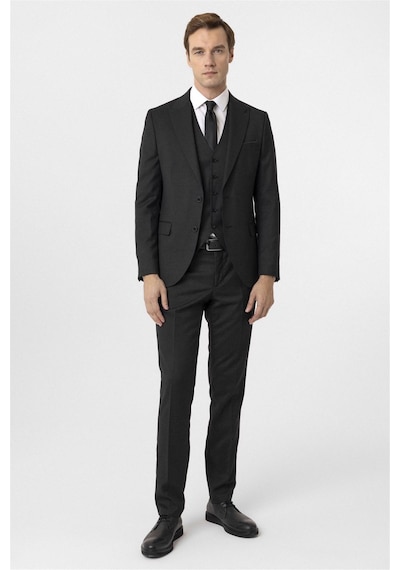 Süvari Siyah Slim Fit Armürlü Sivri Yaka 6 Drop Yelekli Klasik Takım Elbise-35629 Siyah