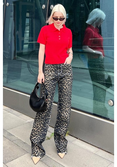 Seeh Siyah Leopar Palazzo Kadın Jean Pantolon Sh352 Desenli