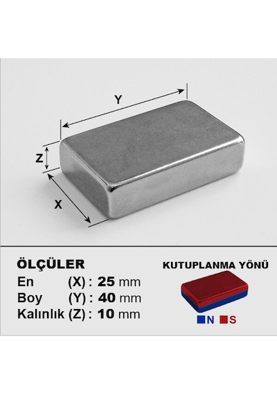 40Mm X En 25Mm X Kalınlık 10Mm Çok Güçlü Büyük Neodyum Mıknatıs